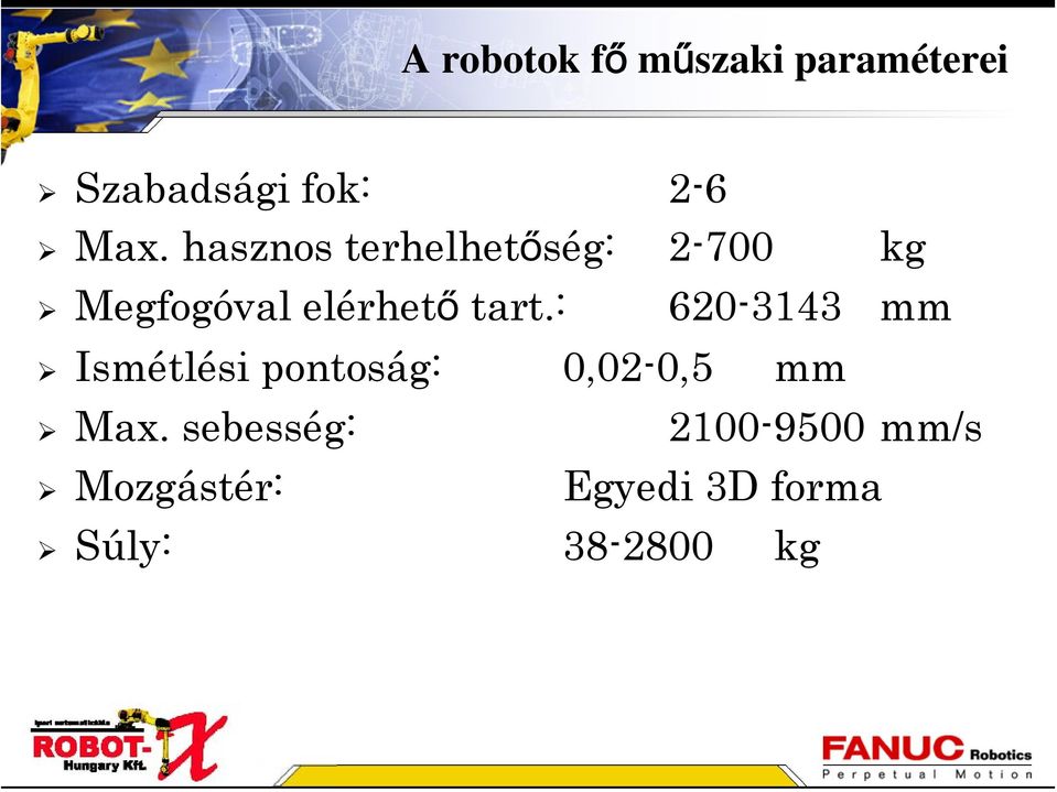 : 620-3143 mm Ismétlési pontoság: 0,02-0,5 mm Max.