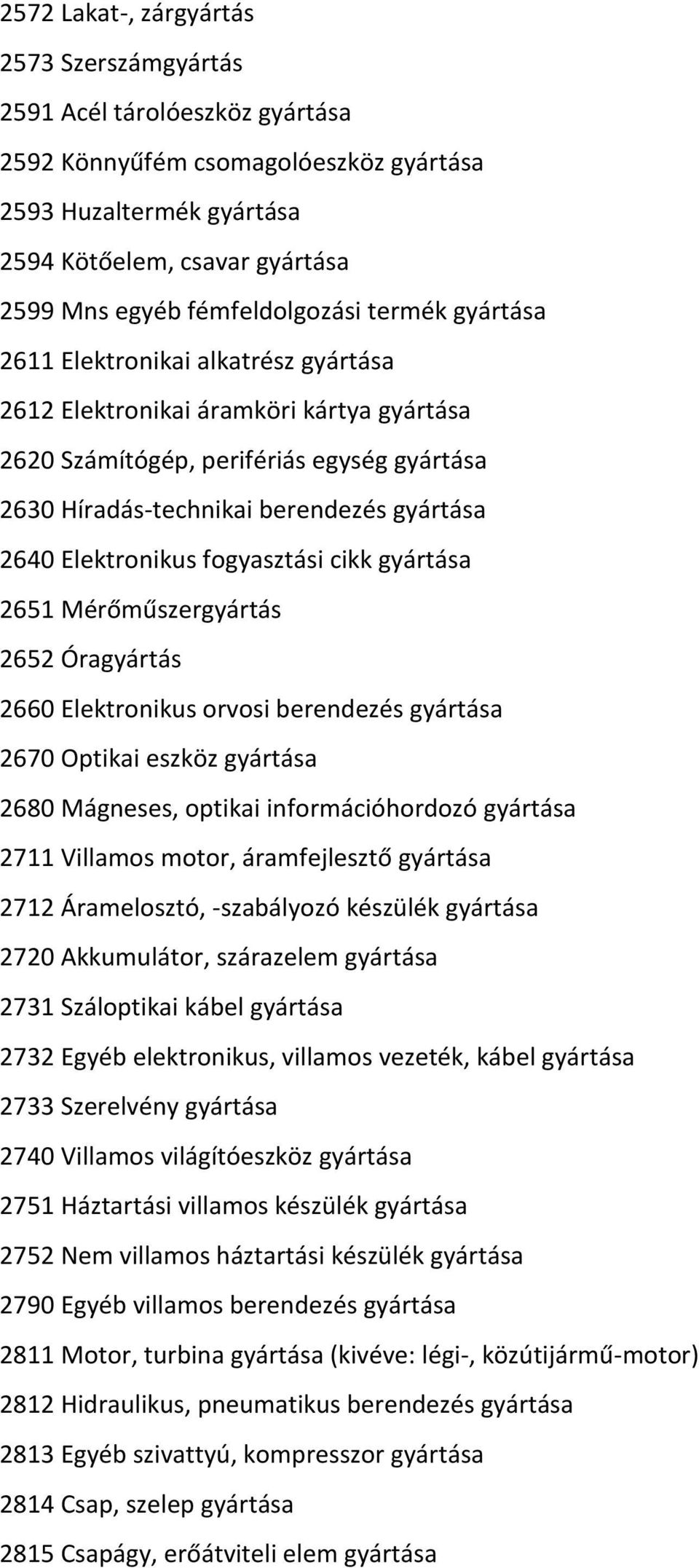 2640 Elektronikus fogyasztási cikk gyártása 2651 Mérőműszergyártás 2652 Óragyártás 2660 Elektronikus orvosi berendezés gyártása 2670 Optikai eszköz gyártása 2680 Mágneses, optikai információhordozó