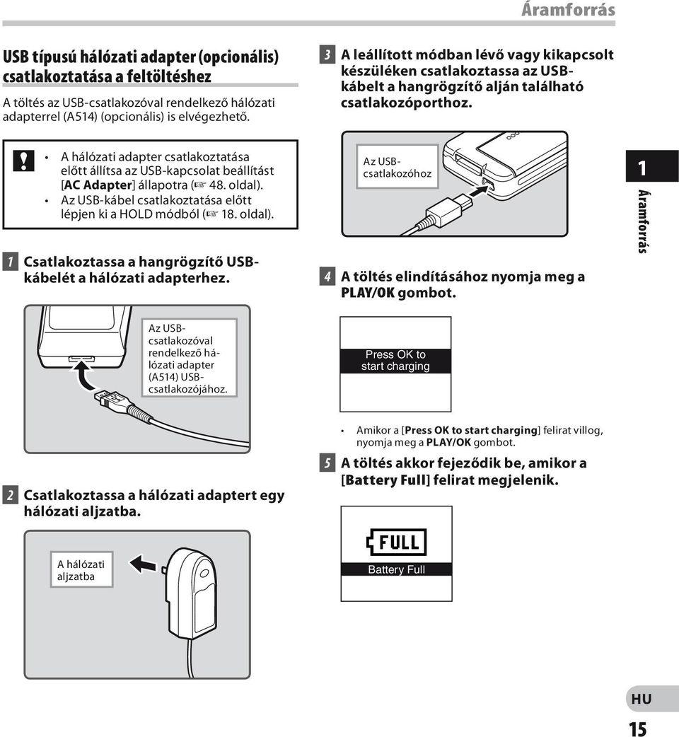 A hálózati adapter csatlakoztatása előtt állítsa az USB-kapcsolat beállítást [AC Adapter] állapotra ( 48. oldal). Az USB-kábel csatlakoztatása előtt lépjen ki a HOLD módból ( 18. oldal). 1 Csatlakoztassa a hangrögzítő USBkábelét a hálózati adapterhez.