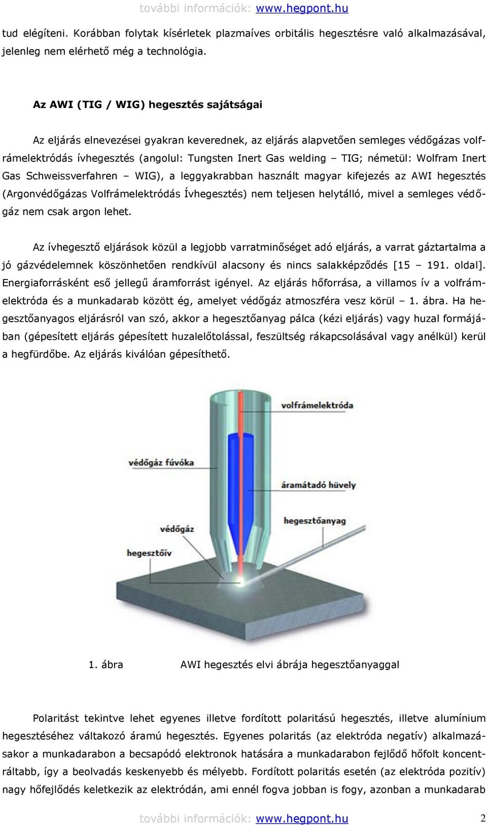 németül: Wolfram Inert Gas Schweissverfahren WIG), a leggyakrabban használt magyar kifejezés az AWI hegesztés (Argonvédőgázas Volfrámelektródás Ívhegesztés) nem teljesen helytálló, mivel a semleges