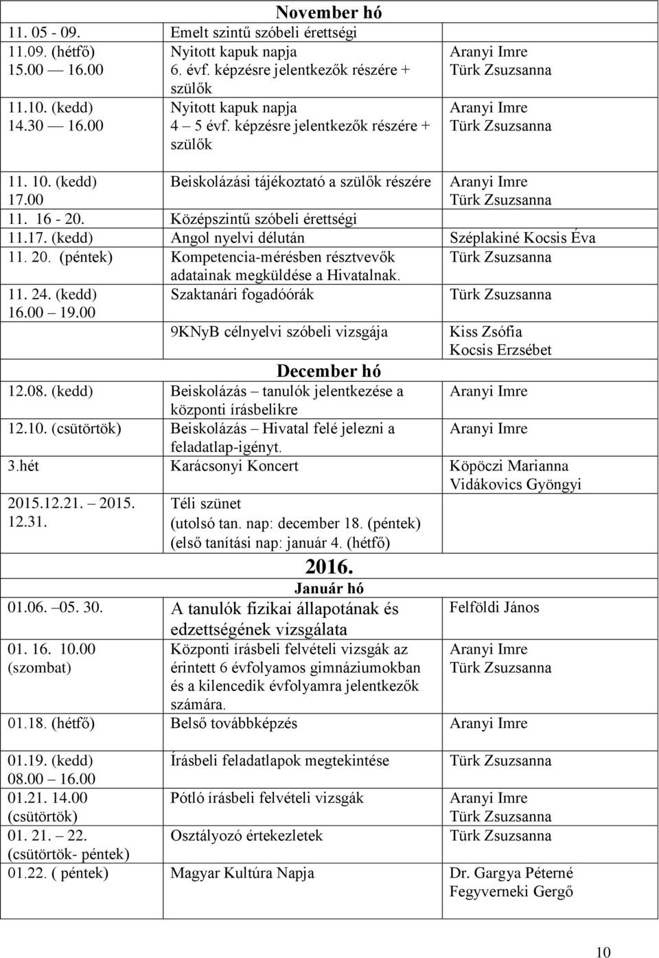 20. (péntek) Kompetencia-mérésben résztvevők adatainak megküldése a Hivatalnak. 11. 24. (kedd) 16.00 19.00 Szaktanári fogadóórák 9KNyB célnyelvi szóbeli vizsgája December hó 12.08.