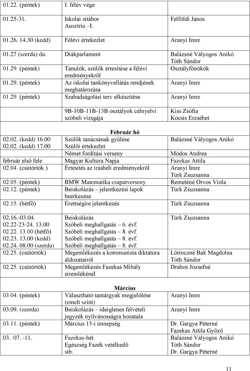 02. (kedd) 16.00 Szülők tanácsának gyűlése 02.02. (kedd) 17.00 Szülői értekezlet Német fordítási verseny Módos Andrea február első fele Magyar Kultúra Napja Fazekas Attila 02.04.