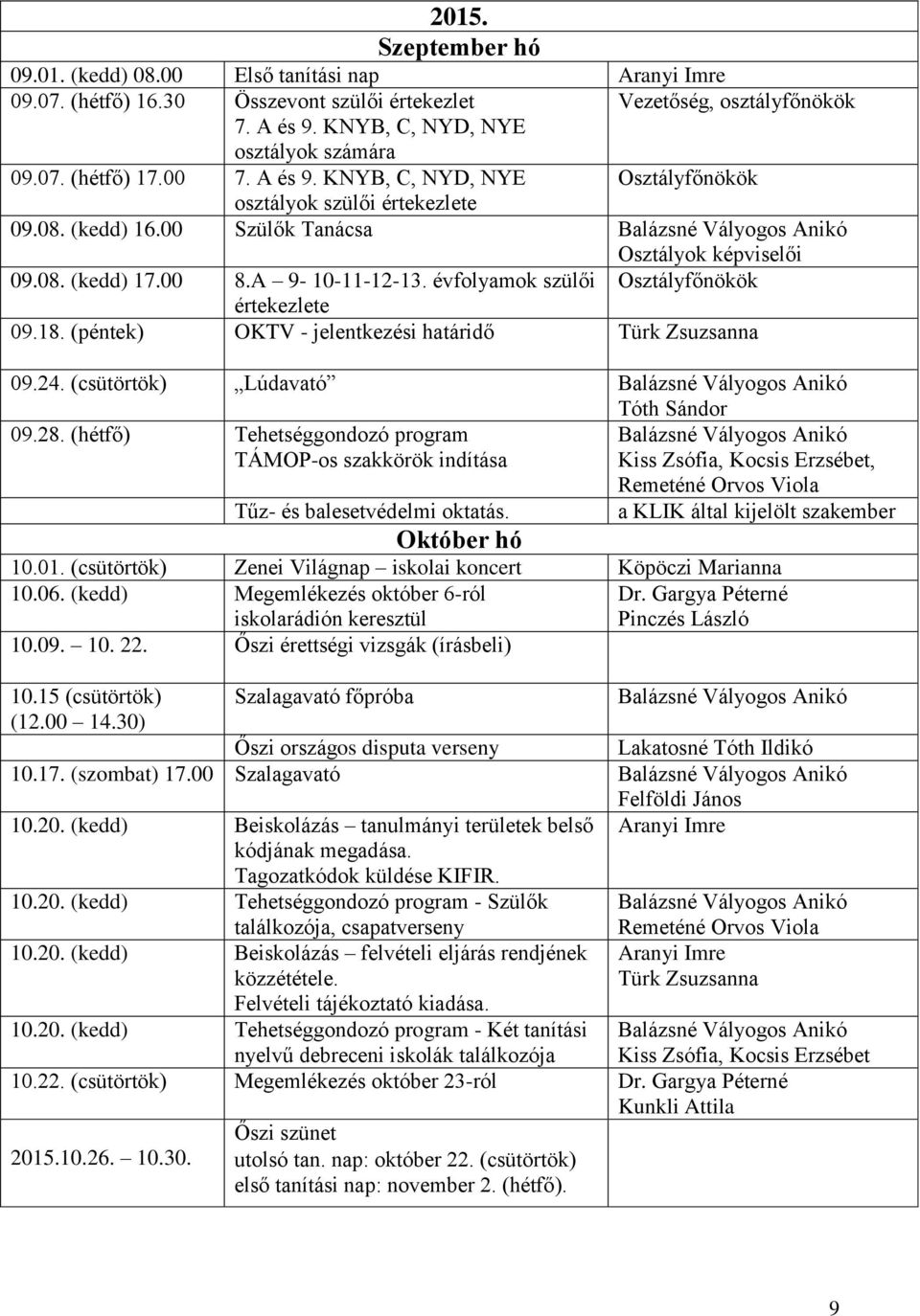 évfolyamok szülői Osztályfőnökök értekezlete 09.18. (péntek) OKTV - jelentkezési határidő 09.24. (csütörtök) Lúdavató Tóth Sándor 09.28.