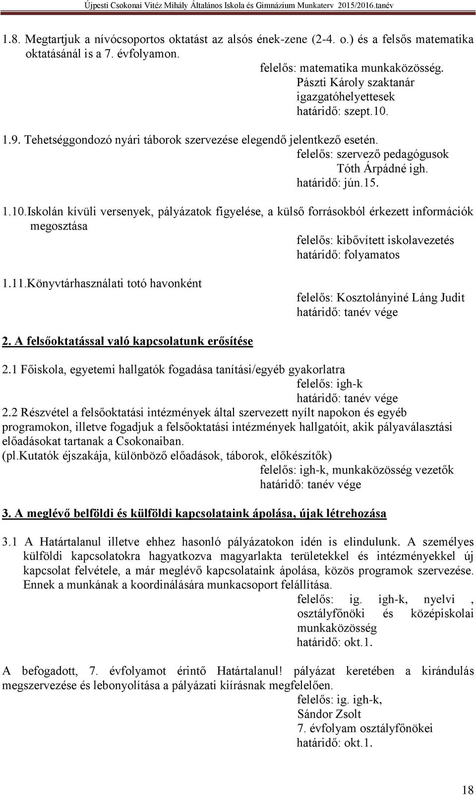 15. 1.10.Iskolán kívüli versenyek, pályázatok figyelése, a külső forrásokból érkezett információk megosztása felelős: kibővített iskolavezetés határidő: folyamatos 1.11.