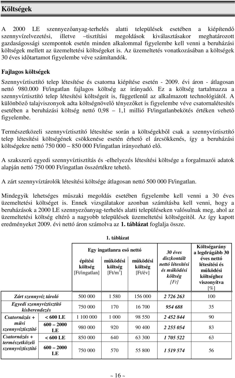 Fajlagos költségek Szennyvíztisztító telep létesítése és csatorna kiépítése esetén - 2009. évi áron - átlagosan nettó 980.000 Ft/ingatlan fajlagos költség az irányadó.