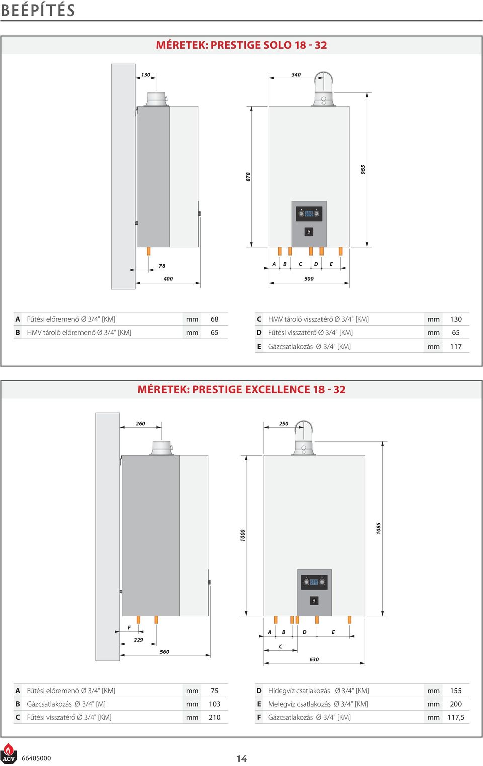 Excellence 18-32 260 250 1000 1085 F 229 560 A C B D E 630 A Fűtési előremenő Ø 3/4" [KM] mm 75 B Gázcsatlakozás Ø 3/4" [M] mm 103 C Fűtési