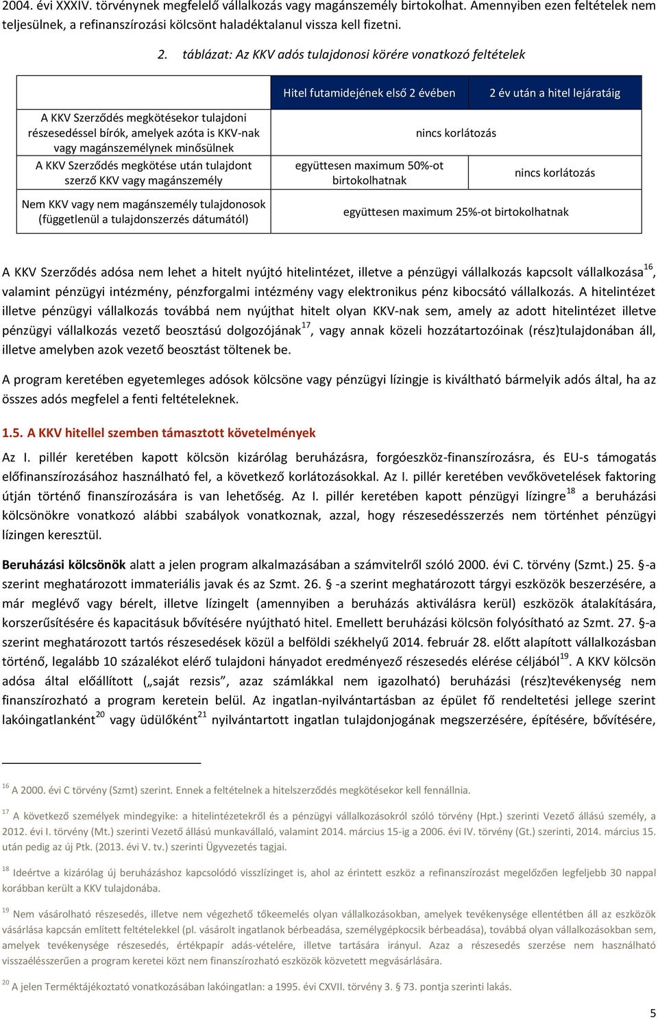 is KKV-nak vagy magánszemélynek minősülnek A KKV Szerződés megkötése után tulajdont szerző KKV vagy magánszemély együttesen maximum 50%-ot birtokolhatnak nincs korlátozás nincs korlátozás Nem KKV