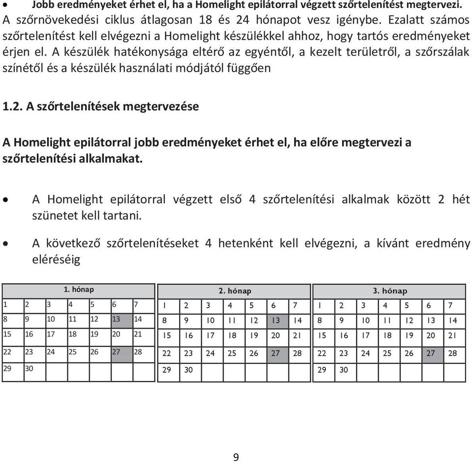 A készülék hatékonysága eltérő az egyéntől, a kezelt területről, a szőrszálak színétől és a készülék használati módjától függően 1.2.