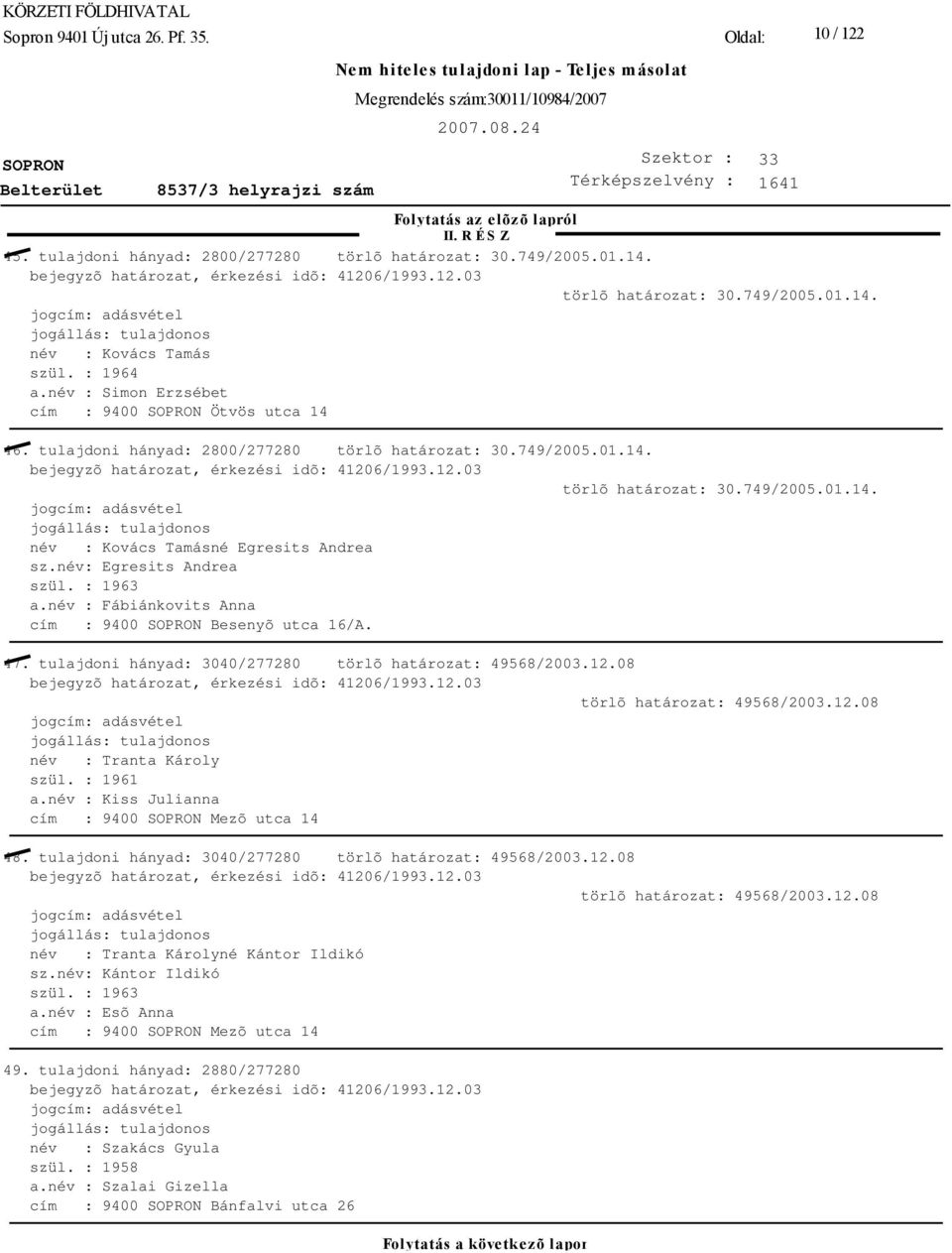 749/2005.01.14. név : Kovács Tamásné Egresits Andrea sz.név: Egresits Andrea szül. : 1963 a.név : Fábiánkovits Anna cím : 9400 Besenyõ utca 16/A. 47.