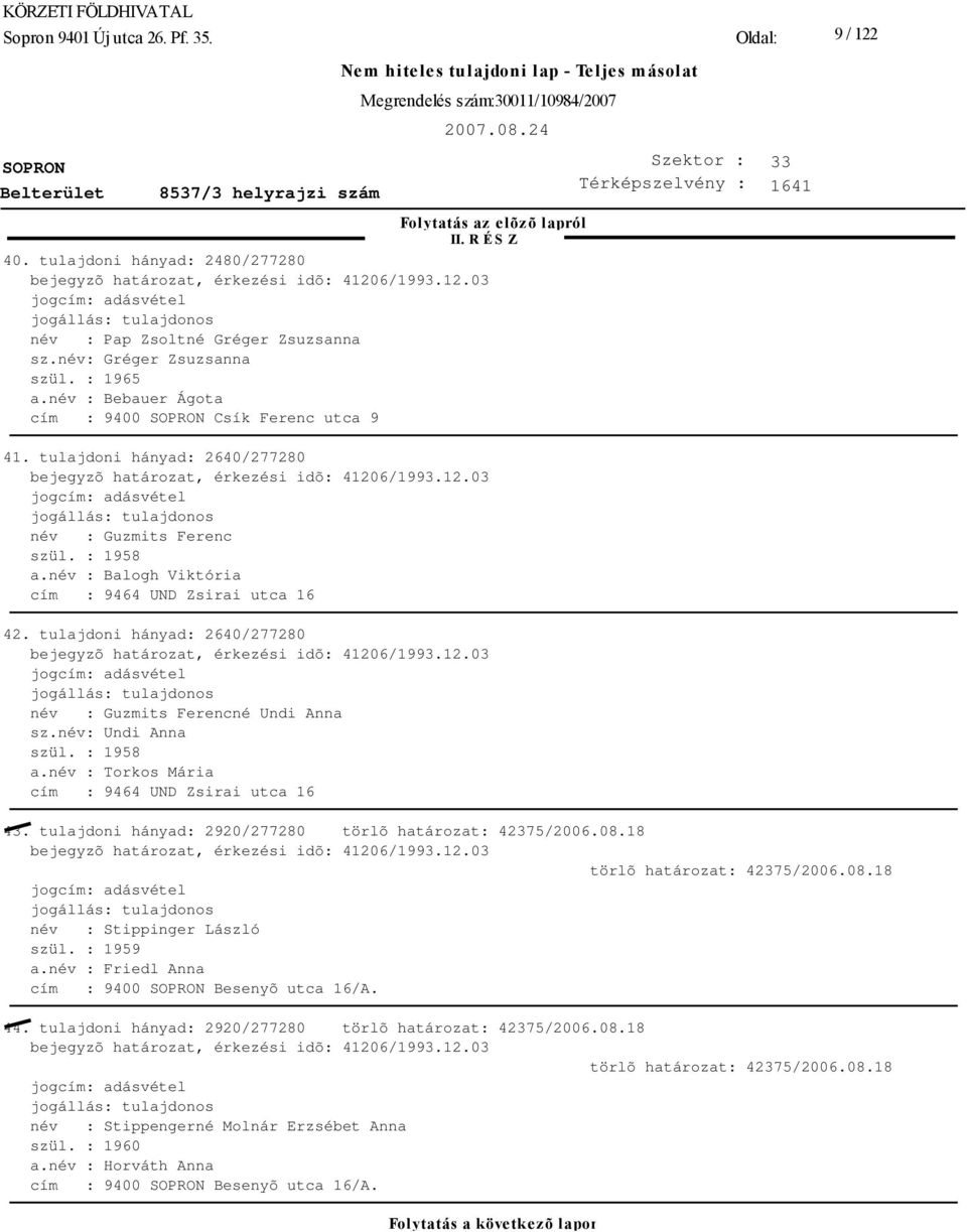 név : Balogh Viktória cím : 9464 UND Zsirai utca 16 42. tulajdoni hányad: 2640/277280 bejegyzõ határozat, érkezési idõ: 41206/1993.12.03 név : Guzmits Ferencné Undi Anna sz.név: Undi Anna szül.