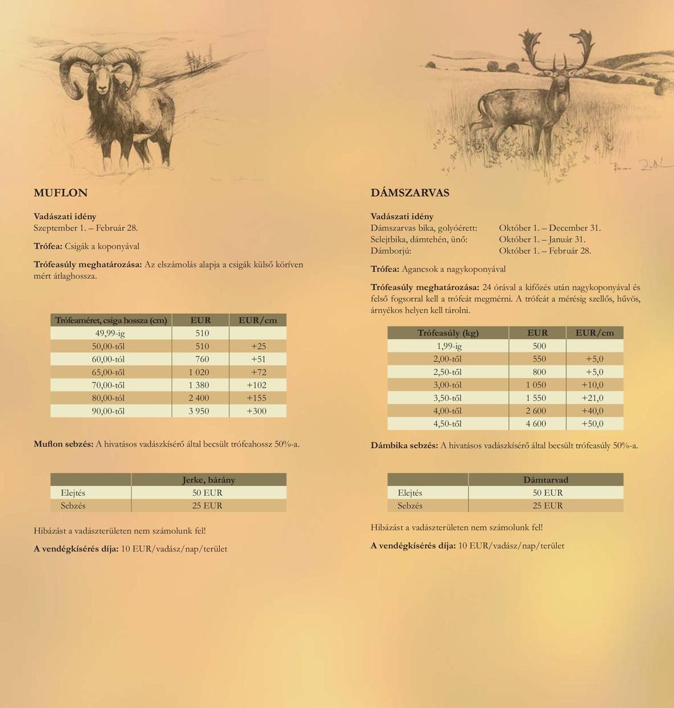 hivatásos vadászkísérő által becsült trófeahossz 50%-a. DÁMSZARVAS Dámszarvas bika, golyóérett: Október 1. December 31. Selejtbika, dámtehén, ünő: Október 1. Január 31. Dámborjú: Október 1.