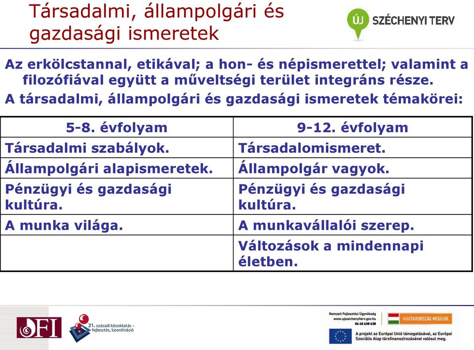 A társadalmi, állampolgári és gazdasági ismeretek témakörei: 5-8. évfolyam 9-12. évfolyam Társadalmi szabályok.