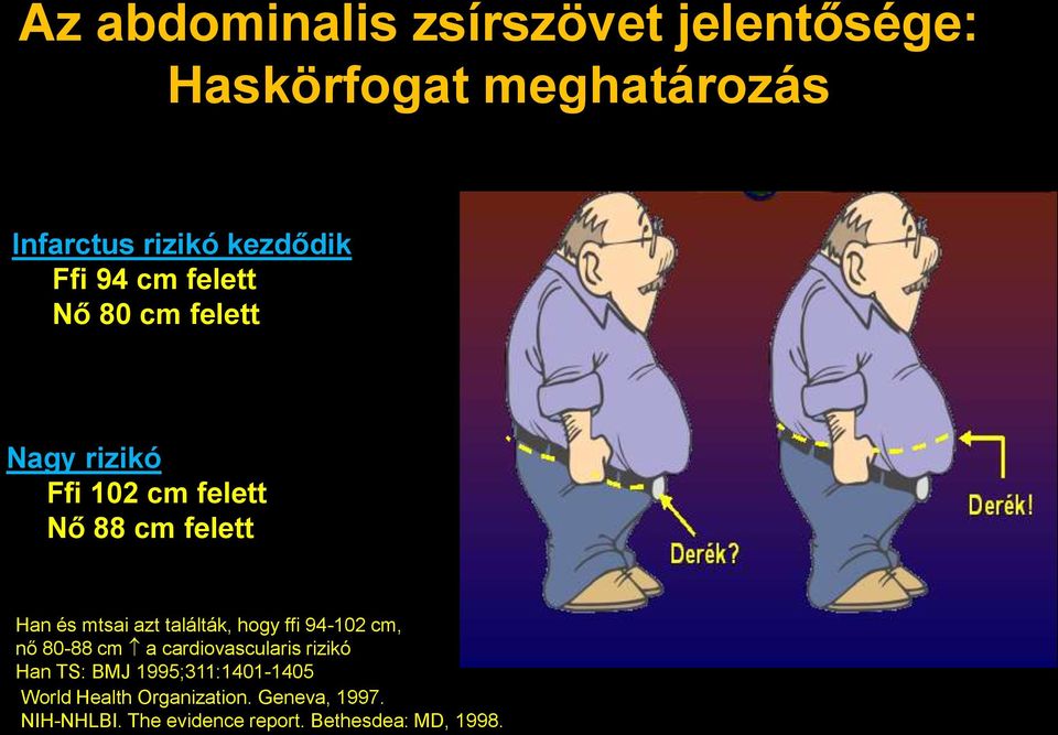 találták, hogy ffi 94-102 cm, nő 80-88 cm a cardiovascularis rizikó Han TS: BMJ