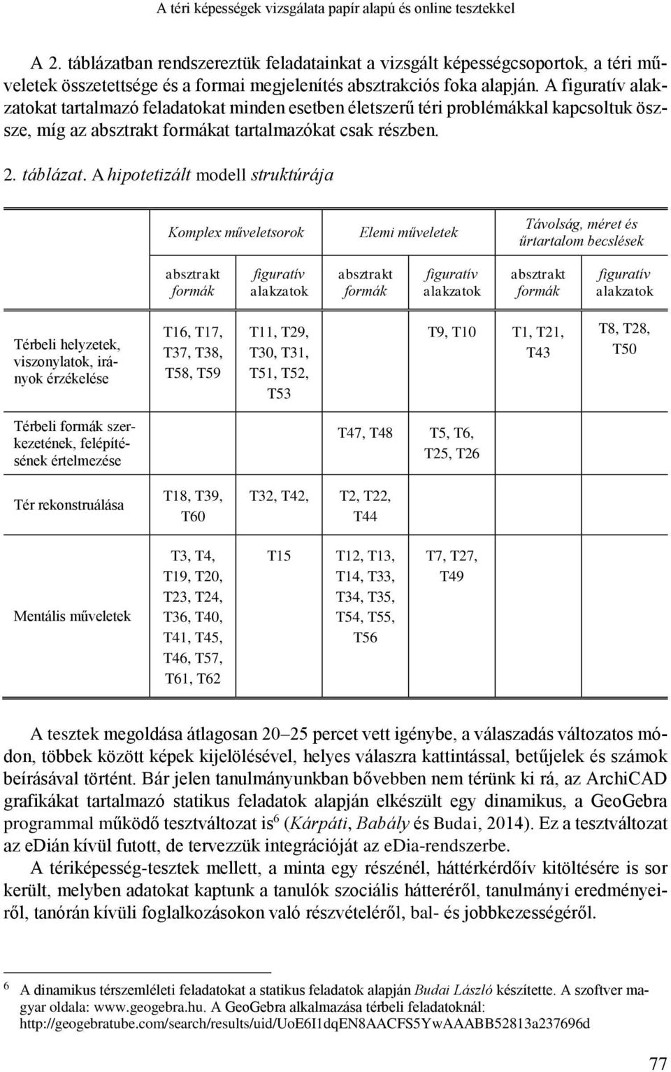 A figuratív alakzatokat tartalmazó feladatokat minden esetben életszerű téri problémákkal kapcsoltuk öszsze, míg az absztrakt formákat tartalmazókat csak részben. 2. táblázat.