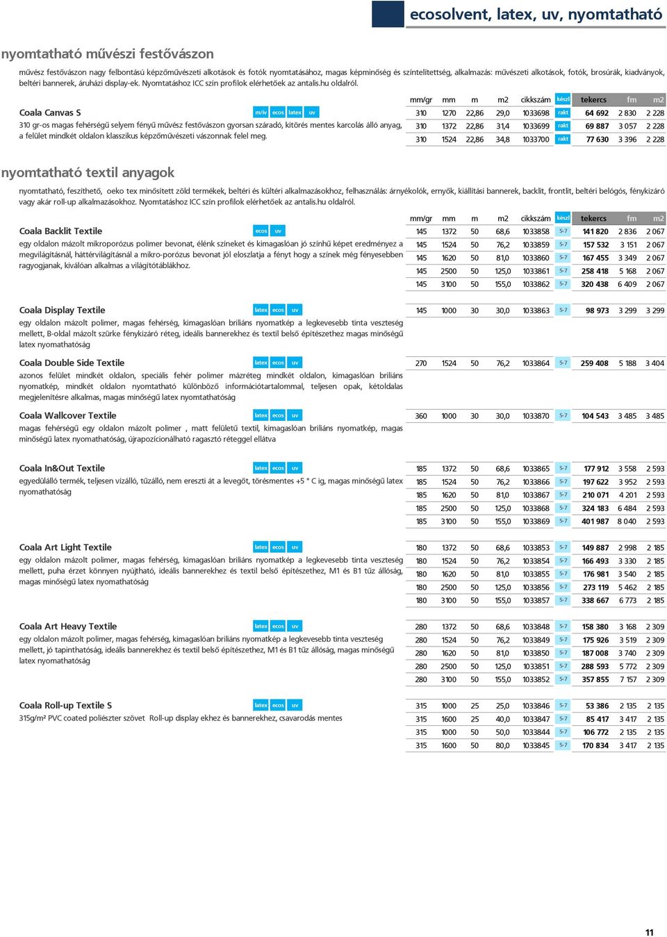 Coala Canvas S m/ív ecos latex uv 310 1270 22,86 29,0 1033698 rakt 64 692 2 830 2 228 310 gr-os magas fehérségű selyem fényű művész festővászon gyorsan száradó, kitörés mentes karcolás álló anyag, a