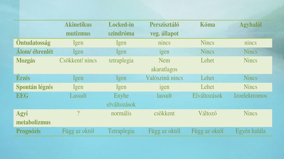 Nem Lehet Nincs akaratlagos Érzés Igen Igen Valószinű nincs Lehet Nincs Spontán légzés Igen Igen igen Lehet Nincs EEG Lassult