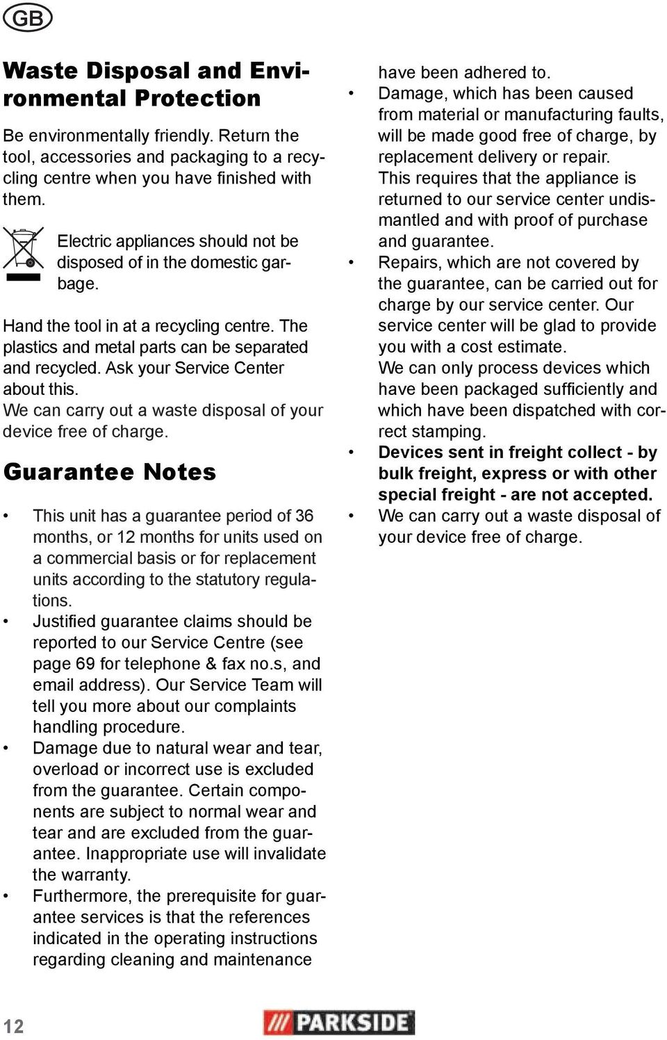Ask your Service Center about this. We can carry out a waste disposal of your device free of charge.