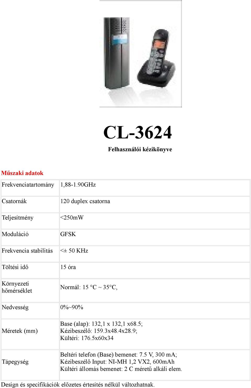 90GHz 120 duplex csatorna <250mW GFSK <± 50 KHz 15 óra Normál: 15 C ~ 35 C, Nedvesség 0%~90% Méretek (mm) Tápegység Base (alap): 132,1 x