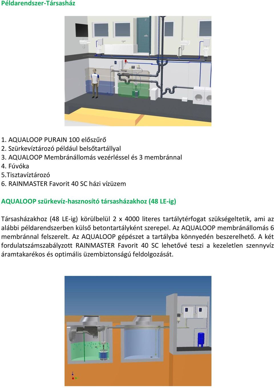 szükségeltetik, ami az alábbi példarendszerben külső betontartályként szerepel. Az AQUALOOP membránállomás 6 membránnal felszerelt.