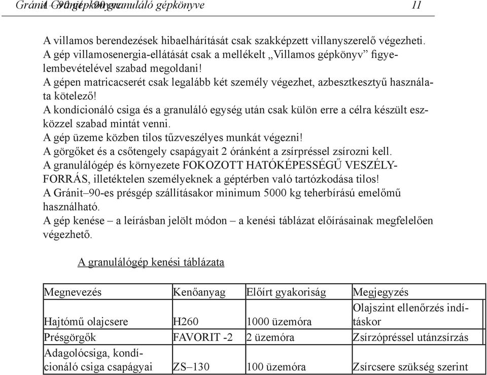 A kondícionáló csiga és a granuláló egység után csak külön erre a célra készült eszközzel szabad mintát venni. A gép üzeme közben tilos tűzveszélyes munkát végezni!