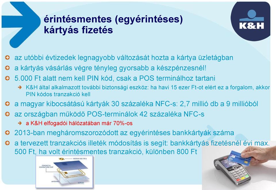 kell a magyar kibocsátású kártyák 30 százaléka NFC-s: 2,7 millió db a 9 millióból az országban működő POS-terminálok 42 százaléka NFC-s a K&H elfogadói hálózatában már 70%-os 2013-ban