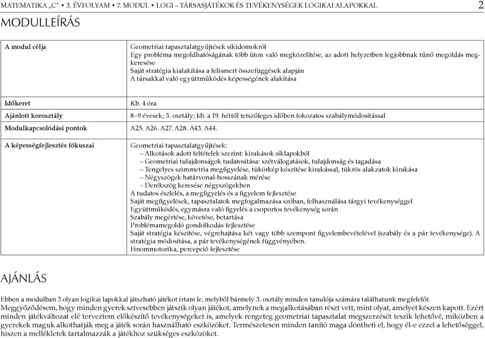 adott helyzetben legjobbnak tűnő megoldás megkeresése Saját stratégia kialakítása a felismert összefüggések alapján A társakkal való együttműködés képességének alakítása Időkeret Kb.