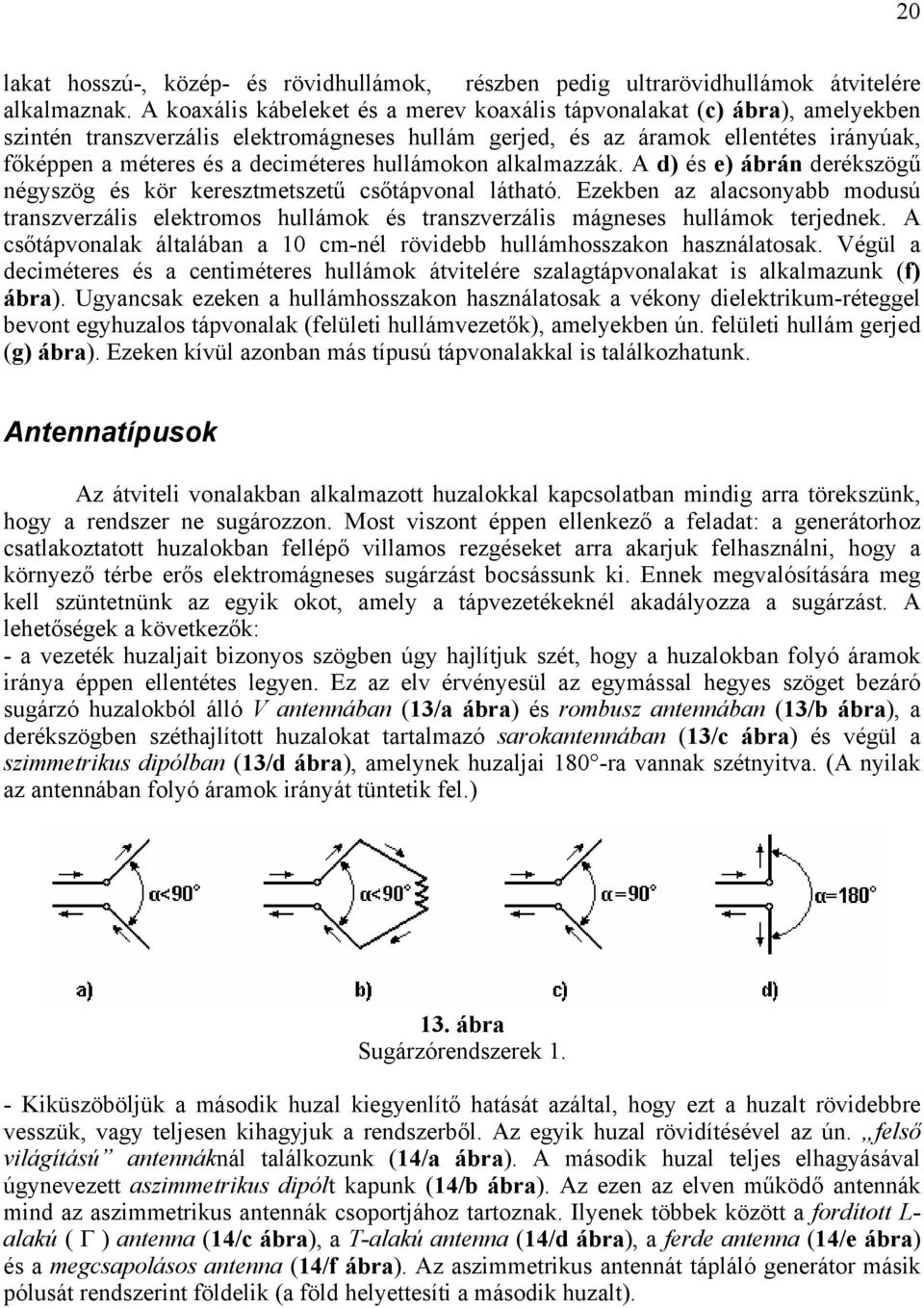 hullámokon alkalmazzák. A d) és e) ábrán derékszögű négyszög és kör keresztmetszetű csőtápvonal látható.