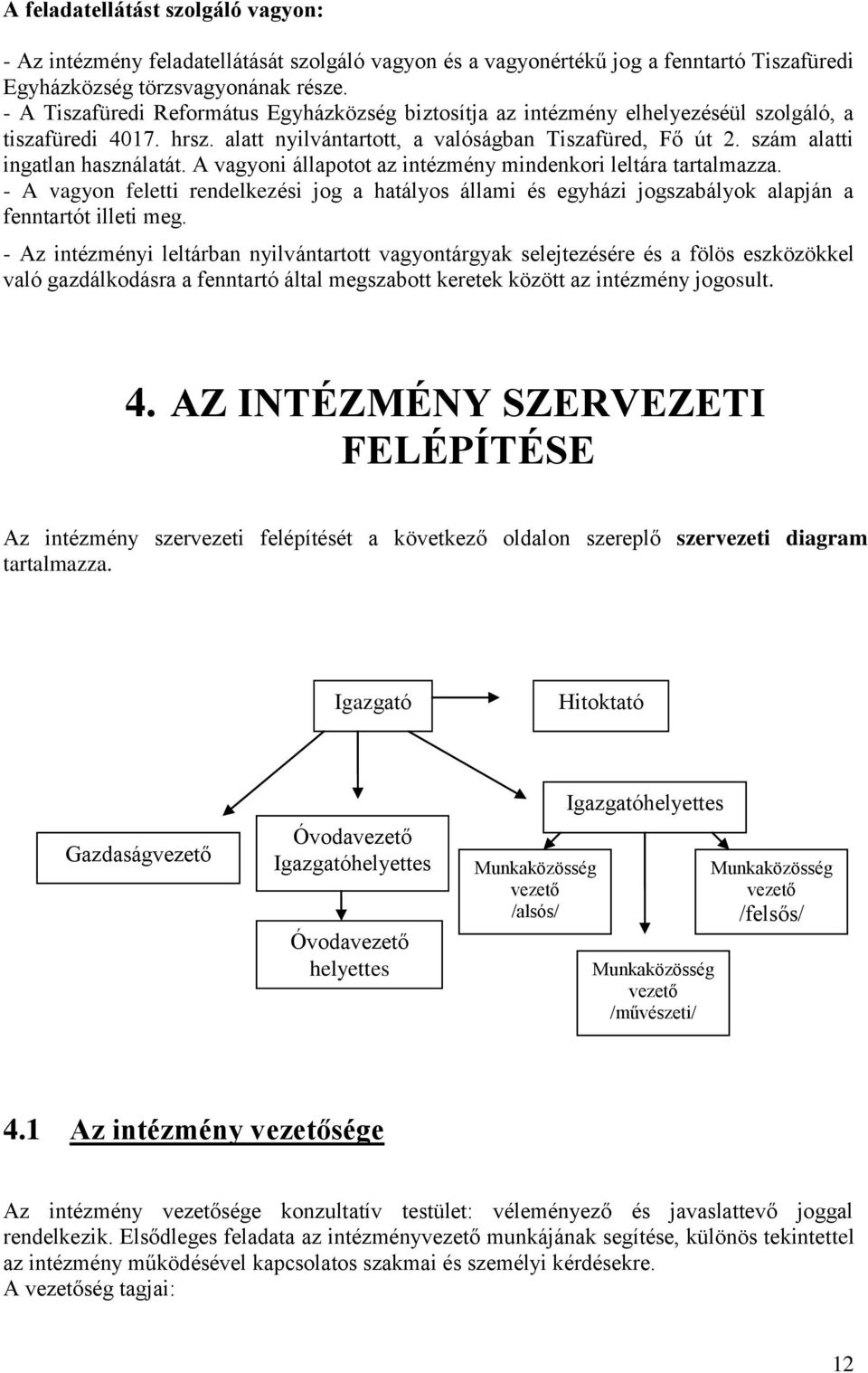 szám alatti ingatlan használatát. A vagyoni állapotot az intézmény mindenkori leltára tartalmazza.