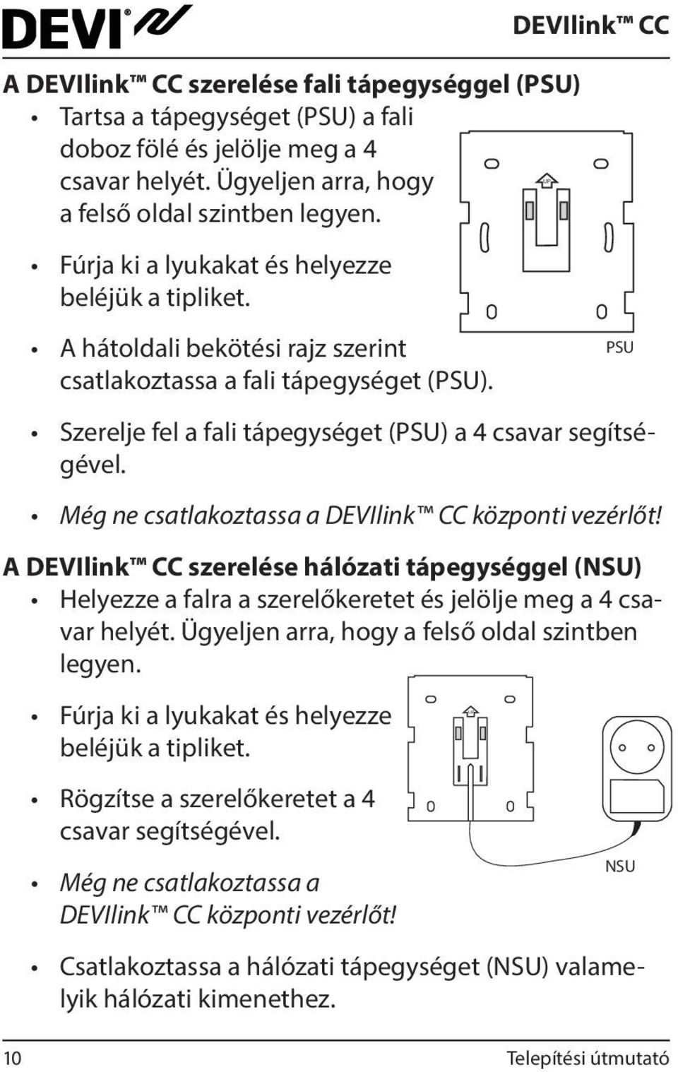 DEVIlink CC Szerelje fel a fali tápegységet (PSU) a 4 csavar segítségével. Még ne csatlakoztassa a DEVIlink CC központi vezérlőt!