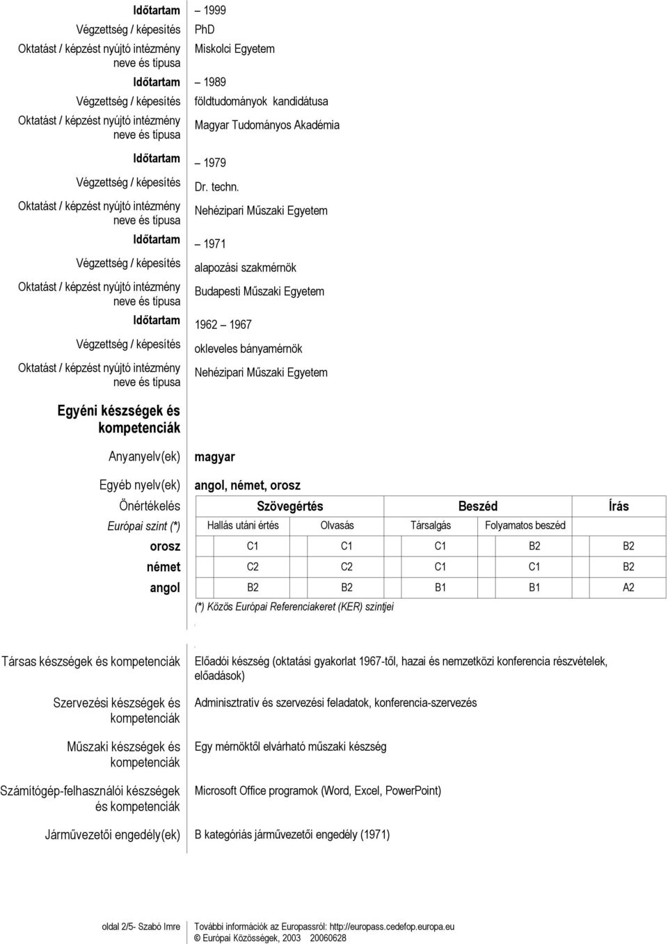 Szövegértés Beszéd Írás Európai szint (*) Hallás utáni értés Olvasás Társalgás Folyamatos beszéd orosz C1 C1 C1 B2 B2 német C2 C2 C1 C1 B2 angol B2 B2 B1 B1 A2 (*) Közös Európai Referenciakeret (KER)