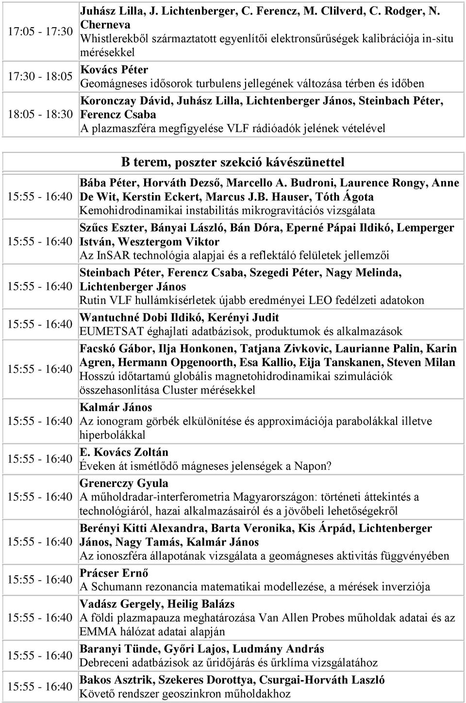 Juhász Lilla, Lichtenberger János, Steinbach Péter, Ferencz Csaba A plazmaszféra megfigyelése VLF rádióadók jelének vételével B terem, poszter szekció kávészünettel 15:55-16:40 15:55-16:40