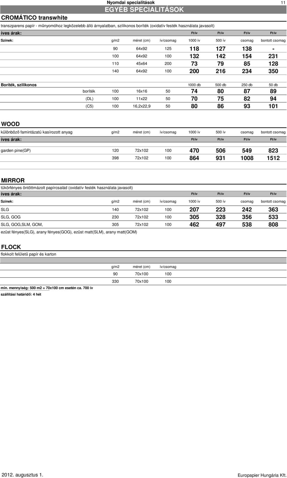 50 db boríték 100 16x16 50 74 80 87 89 (DL) 100 11x22 50 70 75 82 94 (C5) 100 16,2x22,9 50 80 86 93 101 WOOD különböző famintázatú kasírozott anyag g/m2 méret (cm) ív/ 1000 ív 500 ív íves árak: Ft/ív