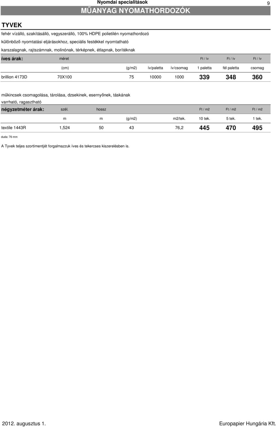 10000 1000 339 348 360 műkincsek olása, tárolása, dzsekinek, esernyőnek, táskának varrható, ragasztható négyzetméter árak: szél. hossz Ft / m2 Ft / m2 Ft / m2 m m (g/m2) m2/tek. 10 tek.