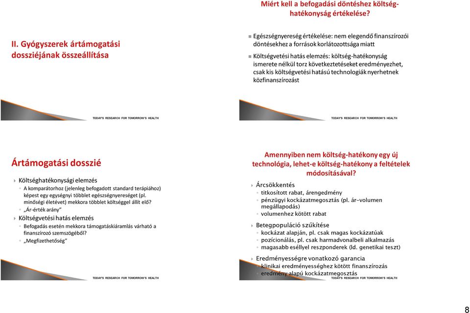 (pl. minőségi életévet) mekkora többlet gel állít elő? Ár-érték arány Költségvetési hatás elemzés Befogadás esetén mekkora támogatáskiáramlás várható a finanszírozó szemszögéből?