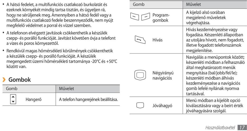 A telefonon elvégzett javítások csökkenthetik a készülék csepp- és porálló funkcióját. Javítást követően óvja a telefont a vizes és poros környezettől.