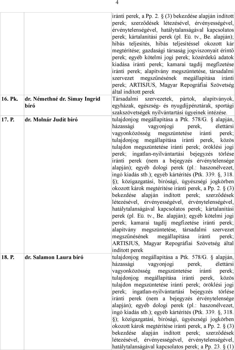 alapján); hibás teljesítés, hibás teljesítéssel okozott kár megtérítése; gazdasági társaság jogviszonyait érintő perek; egyéb kötelmi jogi perek; közérdekű adatok kiadása iránti perek; kamarai tagdíj