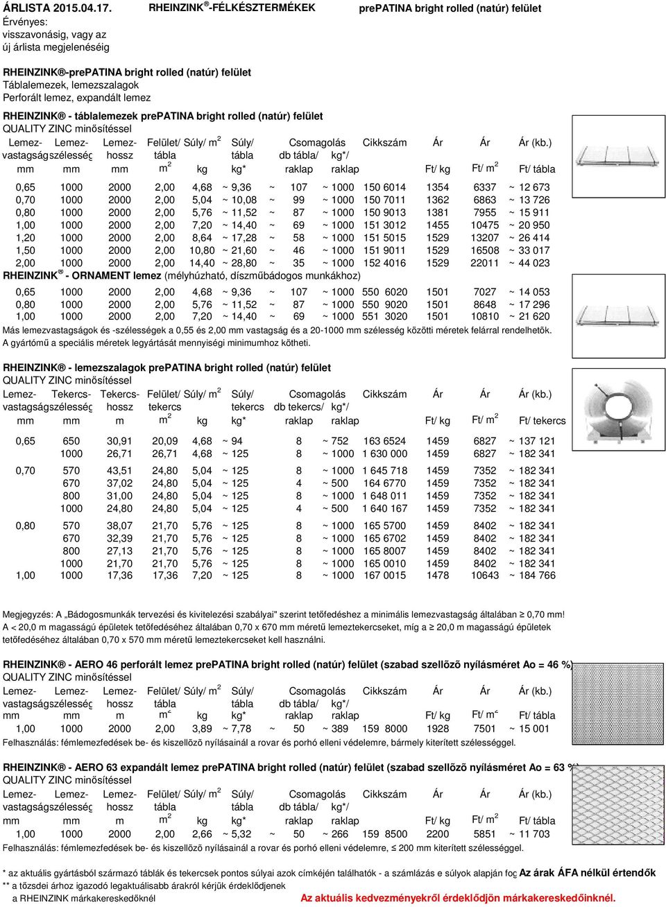 expandált lemez - táblalemezek prepatina bright rolled (natúr) fellet QUALITY ZINC minősítéssel Lemez- Lemez- Lemez- Fellet/ Súly/ m 2 Súly/ (kb.