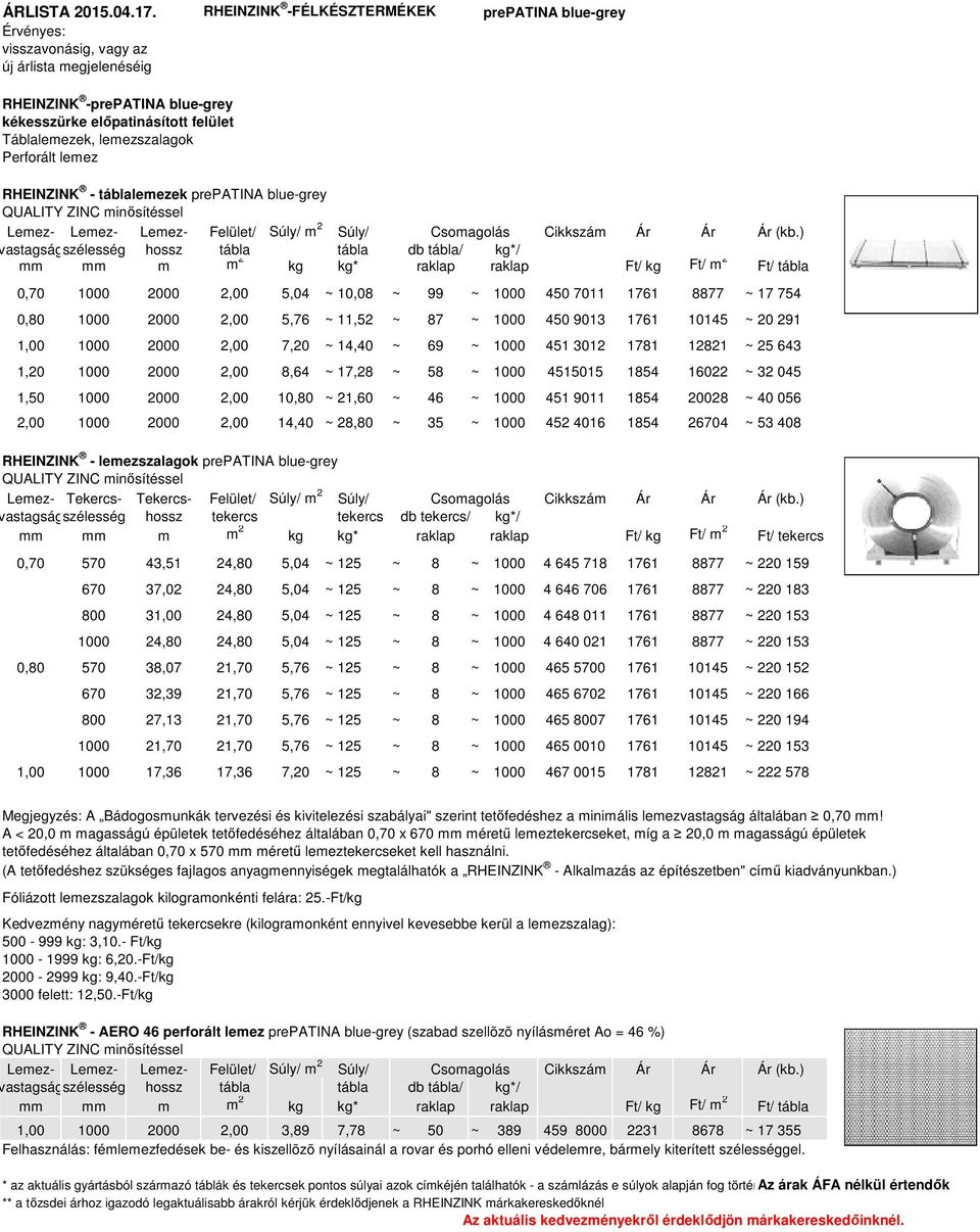 táblalemezek prepatina blue-grey QUALITY ZINC minősítéssel Lemez- Lemez- Lemez- Fellet/ Súly/ m 2 Súly/ (kb.