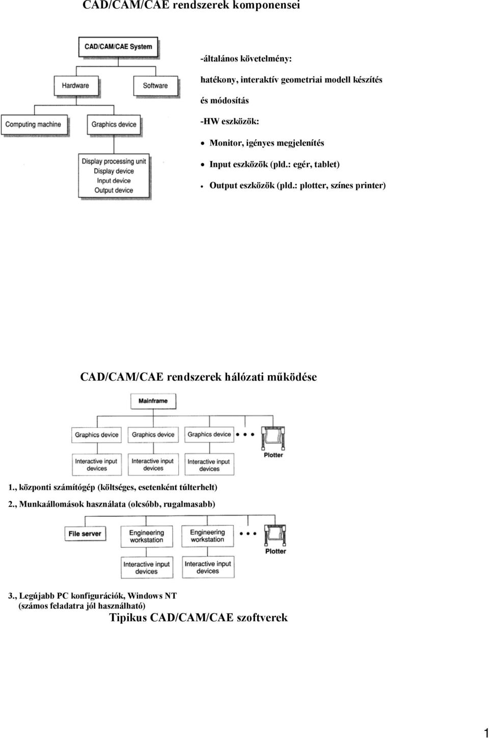 : plotter, színes printer) CAD/CAM/CAE rendszerek hálózati működése., központi számítógép (költséges, esetenként túlterhelt) 2.