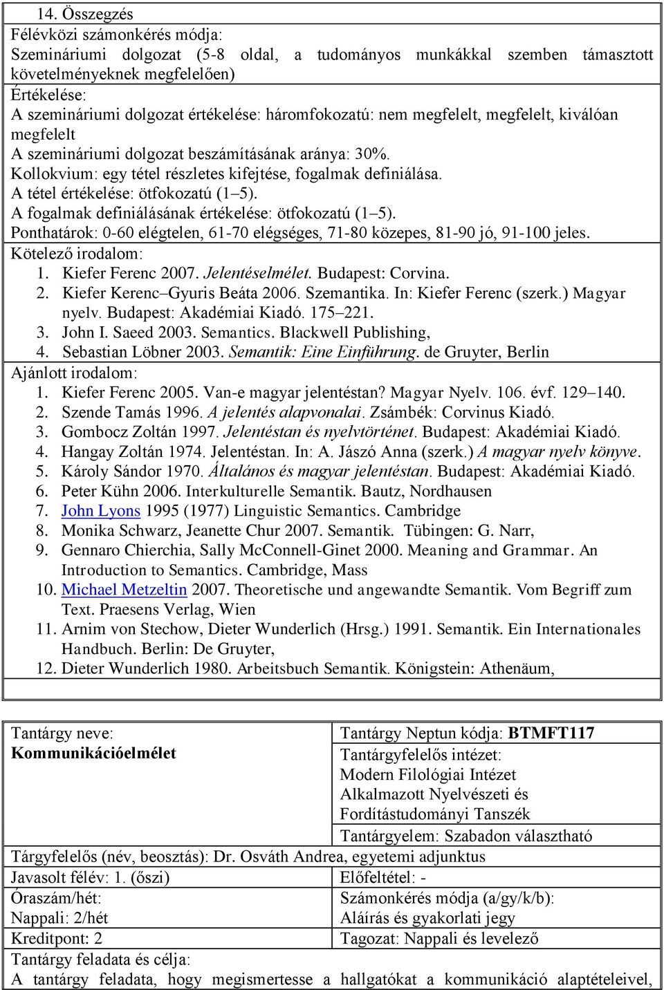 A fogalmak definiálásának értékelése: ötfokozatú (1 5). Ponthatárok: 0-60 elégtelen, 61-70 elégséges, 71-80 közepes, 81-90 jó, 91-100 jeles. 1. Kiefer Ferenc 2007. Jelentéselmélet. Budapest: Corvina.
