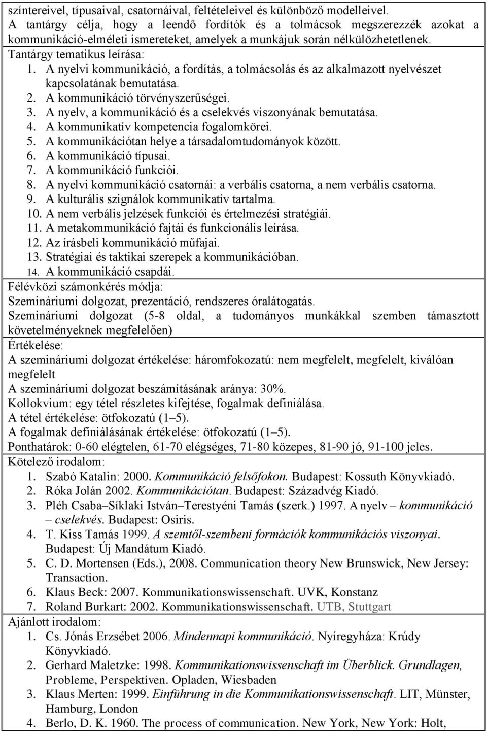 A nyelvi kommunikáció, a fordítás, a tolmácsolás és az alkalmazott nyelvészet kapcsolatának bemutatása. 2. A kommunikáció törvényszerűségei. 3.