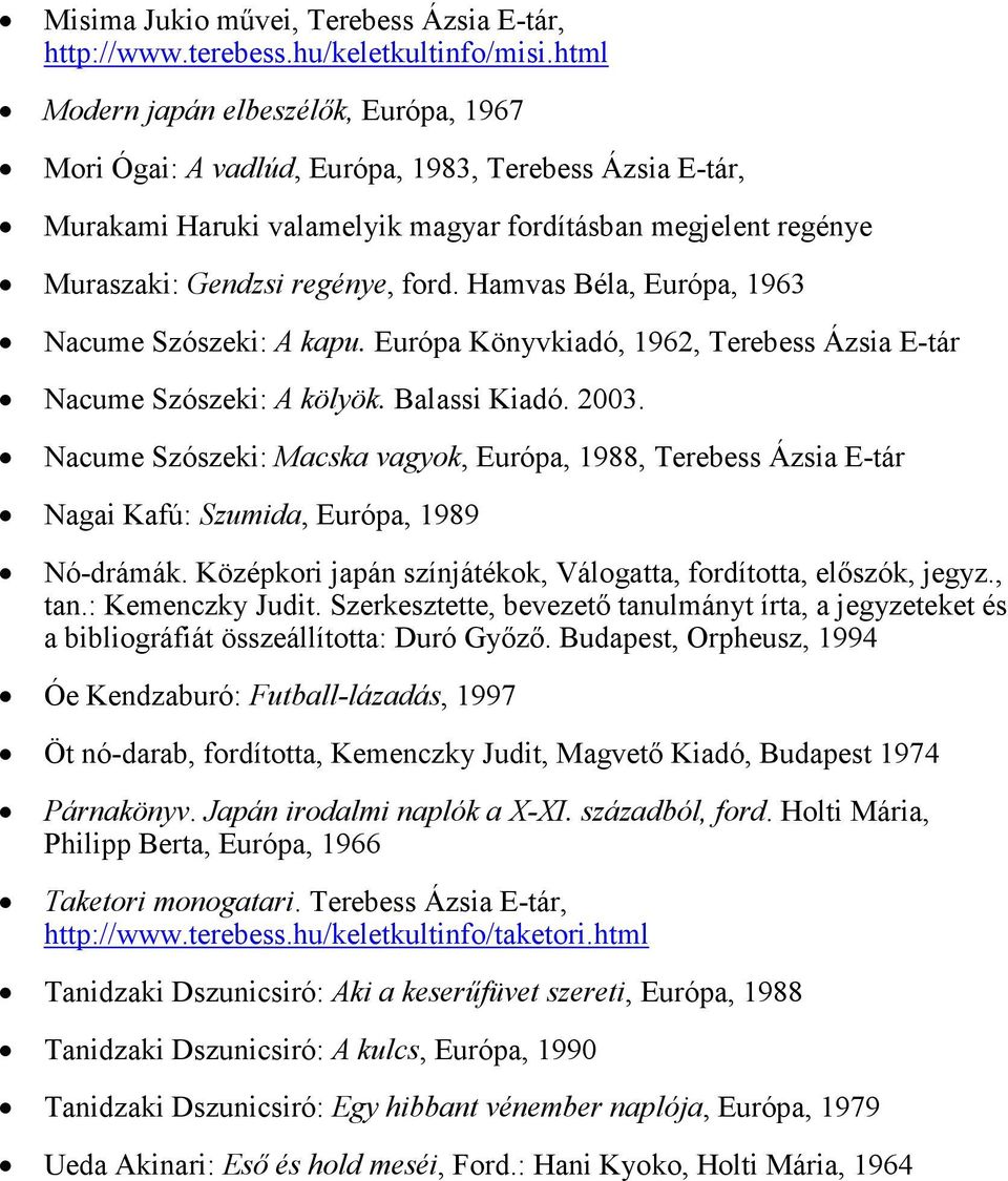 Hamvas Béla, Európa, 1963 Nacume Szószeki: A kapu. Európa Könyvkiadó, 1962, Terebess Ázsia E-tár Nacume Szószeki: A kölyök. Balassi Kiadó. 2003.