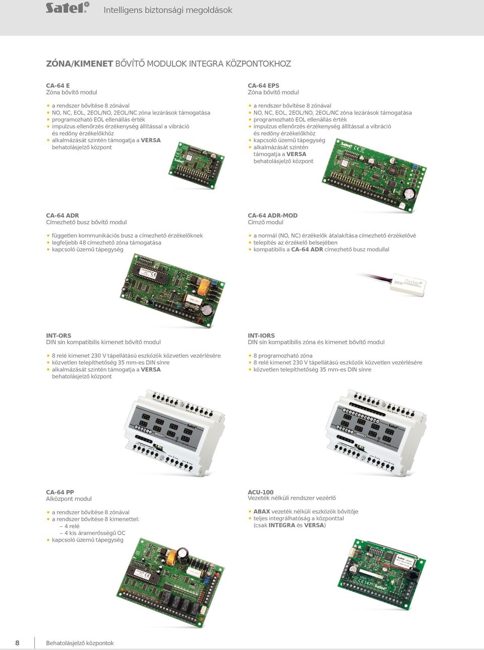 modul a rendszer bővítése 8 zónával NO, NC, EOL, 2EOL/NO, 2EOL/NC zóna lezárások támogatása programozható EOL ellenállás érték impulzus ellenőrzés érzékenység állítással a vibráció és redőny