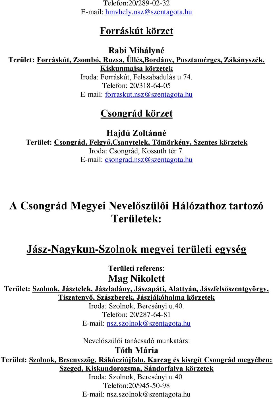 Telefon: 20/318-64-05 E-mail: forraskut.nsz@szentagota.hu Csongrád körzet Hajdú Zoltánné Terület: Csongrád, Felgyő,Csanytelek, Tömörkény, Szentes körzetek Iroda: Csongrád, Kossuth tér 7.