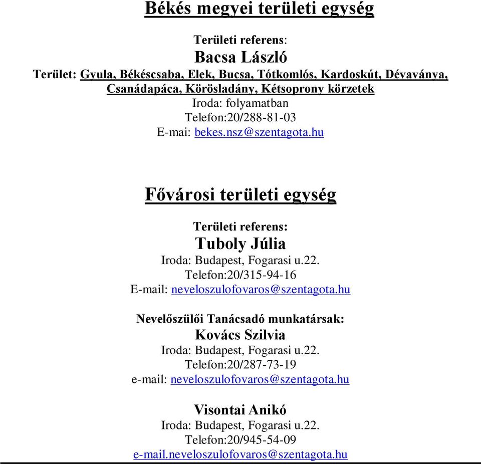 hu Fővárosi területi egység Területi referens: Tuboly Júlia Iroda: Budapest, Fogarasi u.22. Telefon:20/315-94-16 E-mail: neveloszulofovaros@szentagota.