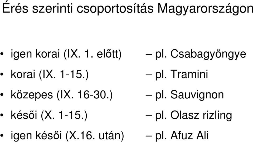 ) késıi (X. 1-15.) igen késıi (X.16. után) pl.