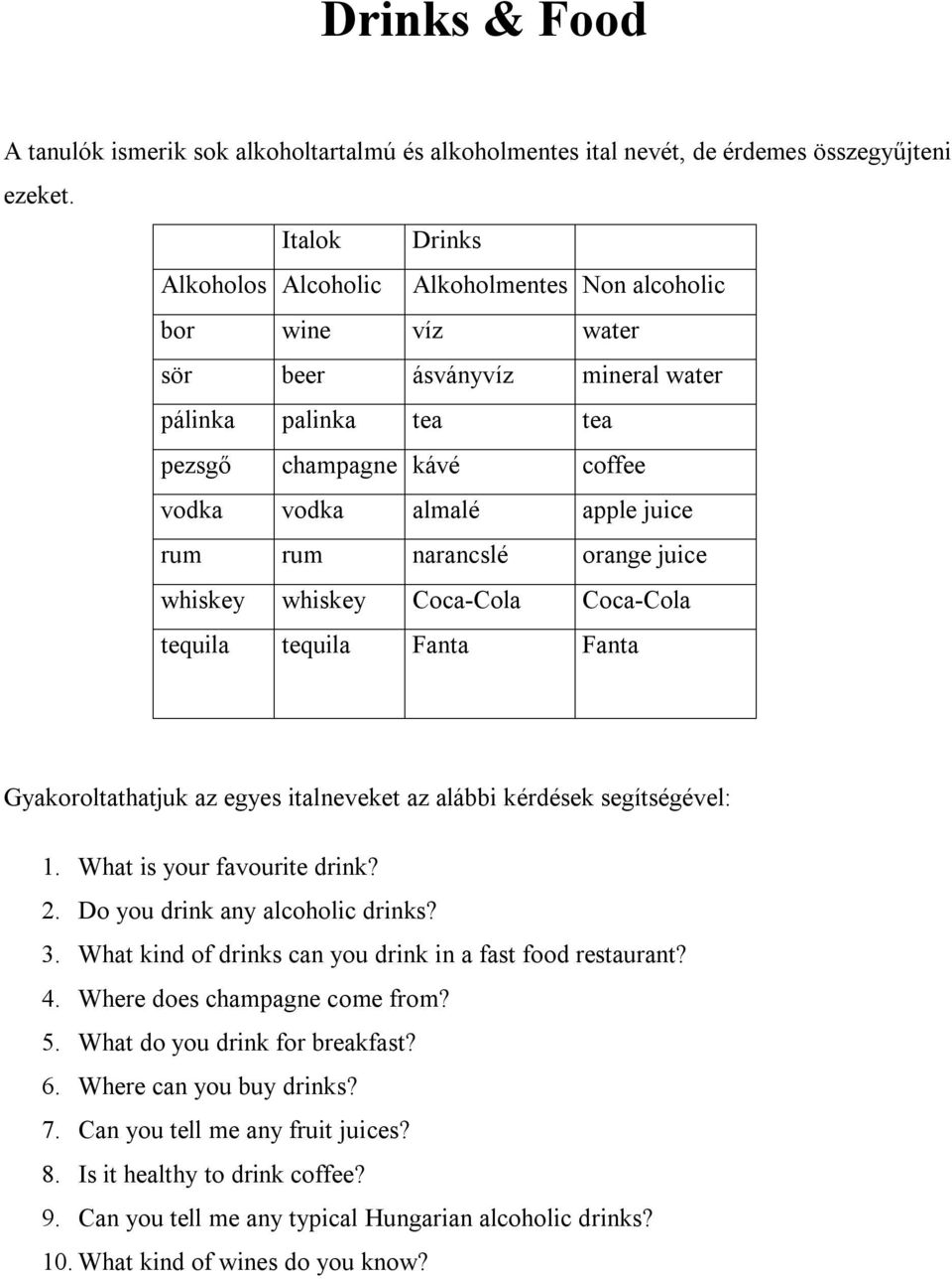 rum rum narancslé orange juice whiskey whiskey Coca-Cola Coca-Cola tequila tequila Fanta Fanta Gyakoroltathatjuk az egyes italneveket az alábbi kérdések segítségével: 1. What is your favourite drink?