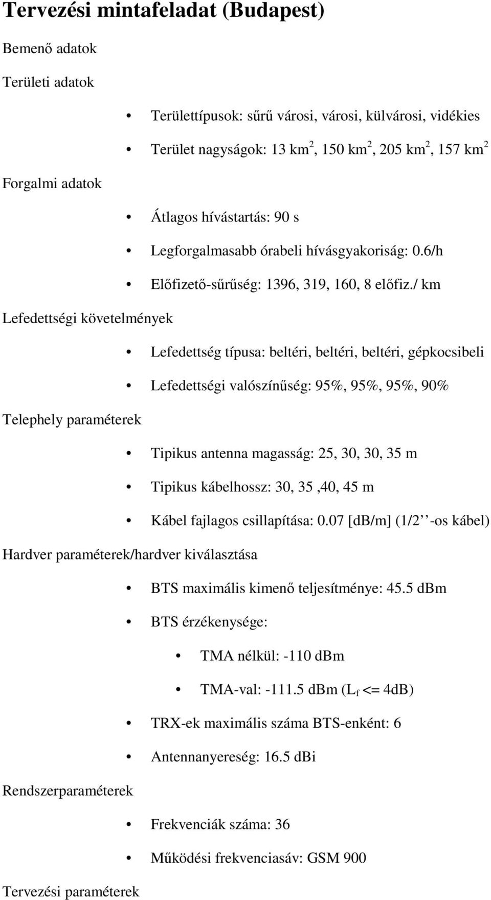 / km Lefedettségi követelmények Lefedettség típusa: beltéri, beltéri, beltéri, gépkocsibeli Lefedettségi valószínűség: 95%, 95%, 95%, 90% Telephely paraméterek Tipikus antenna magasság: 25, 30, 30,