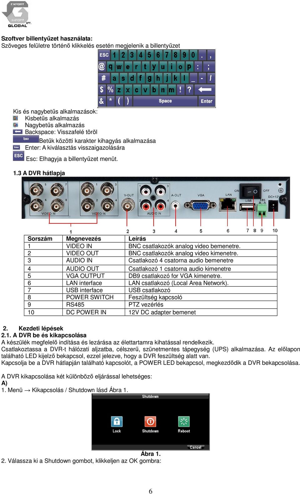 3 A DVR hátlapja Sorszám Megnevezés Leírás 1 VIDEO IN BNC csatlakozók analog video bemenetre. 2 VIDEO OUT BNC csatlakozók analog video kimenetre.