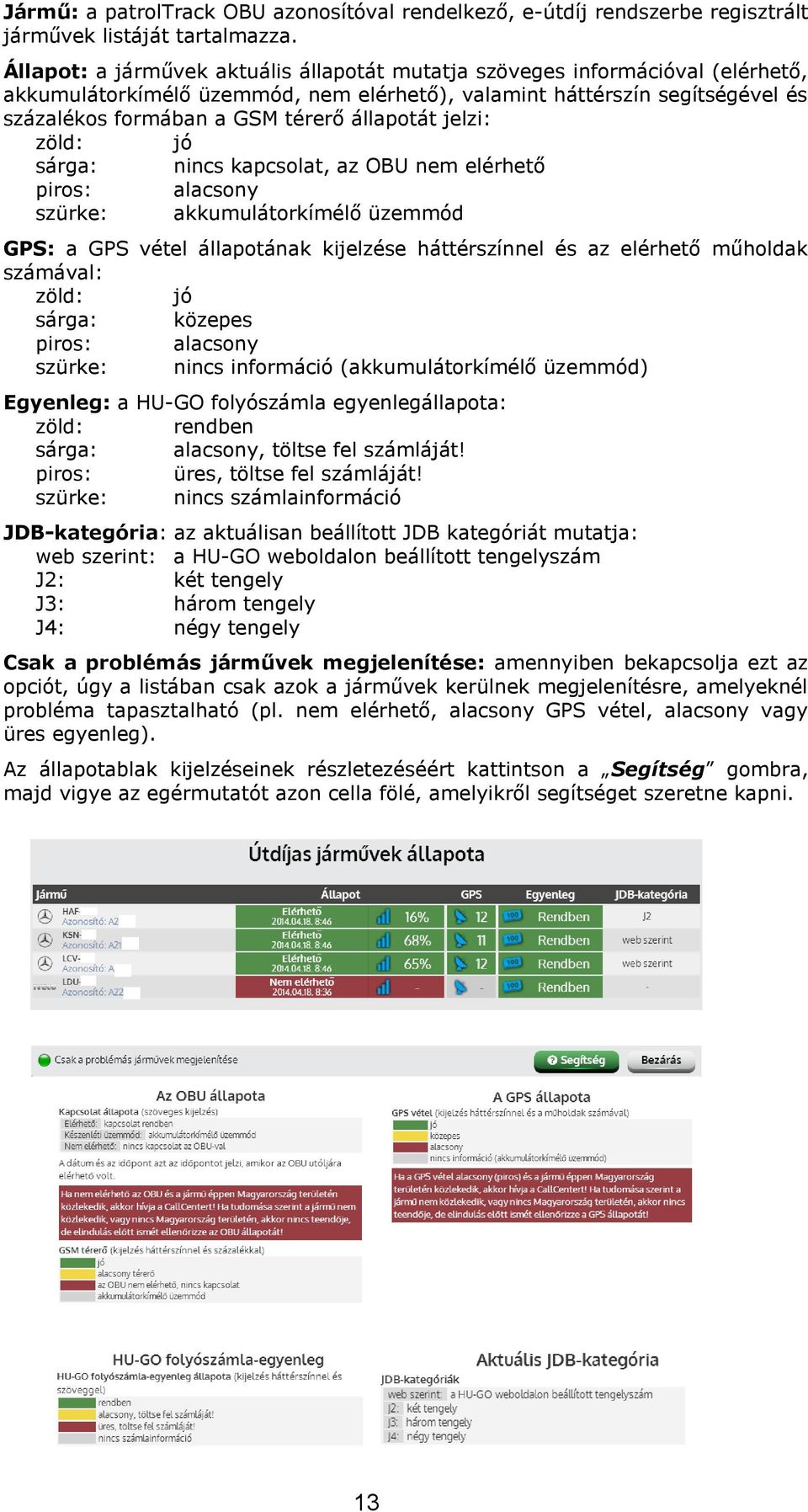 állapotát jelzi: zöld: jó sárga: nincs kapcsolat, az OBU nem elérhető piros: alacsony szürke: akkumulátorkímélő üzemmód GPS: a GPS vétel állapotának kijelzése háttérszínnel és az elérhető műholdak